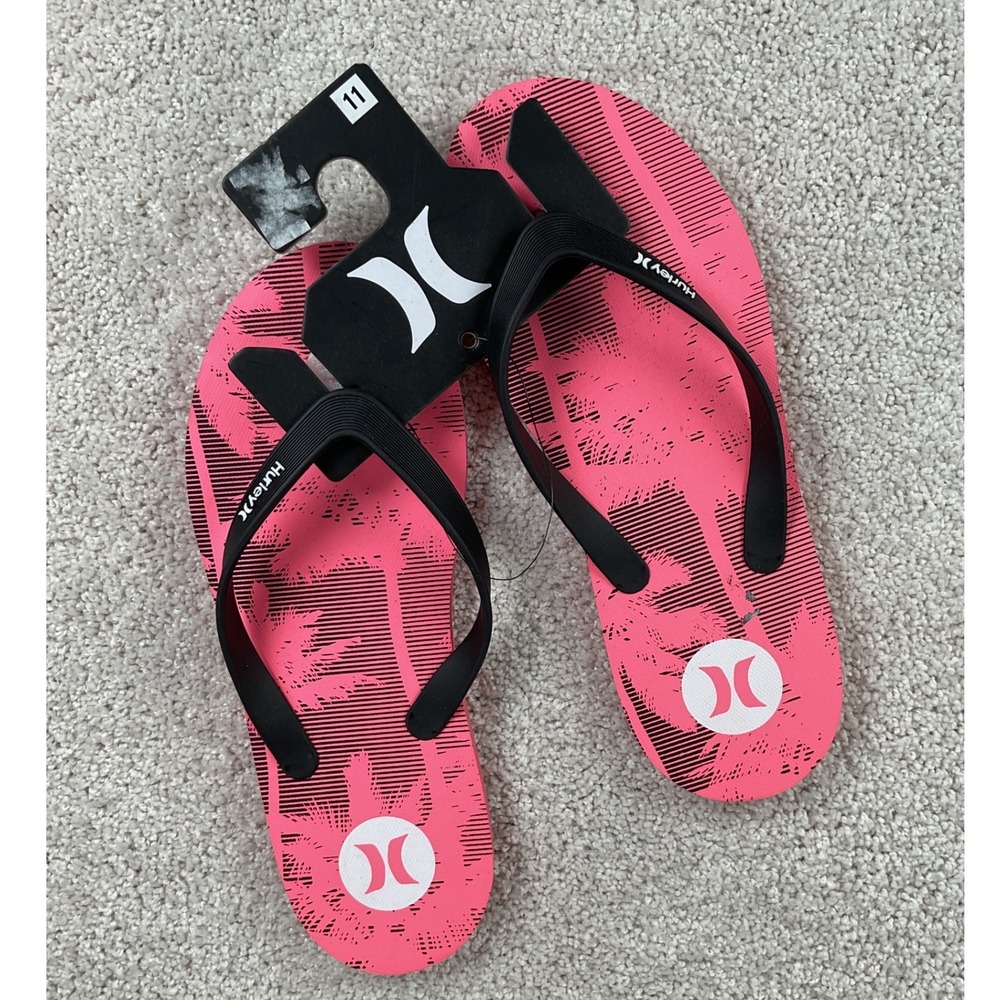 Hurley Mens Pink Black Palm Tree Graphic Flip Flops Sandals HFS0005-691 Size 11
